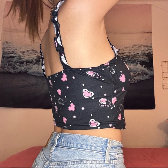 Y2K heart print pattern crop top ruched straps tie front bow black pink - Picture 3 of 5